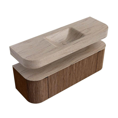 MONDIAZ THOR-DLUX 140cm badmeubel ronding links + rechts kleur Walnut met 1 lade en 2 deuren. Vrijhangende wastafel CLOUD Midden zonder kraangat kleur Saba. SW1464304
