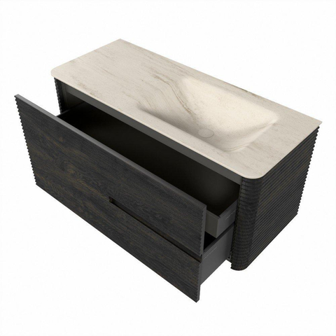 Mondiaz CIRO-DLUX Meuble de salle de bains - 110x45x50cm - Plan vasque solid surface Meli - 1 lavabo à droite - sans trous de robinet - 2 tiroirs - Shadow SW1532511