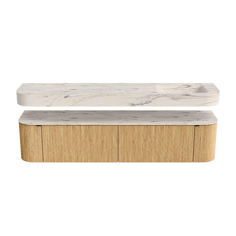 MONDIAZ THOR-DLUX 200cm meuble de salle de bains arrondi gauche + droite couleur Oak avec 2 tiroirs et 2 portes. Vasque suspendue CLOUD Droite 1 trou de robinet couleur Nata. SW1467140