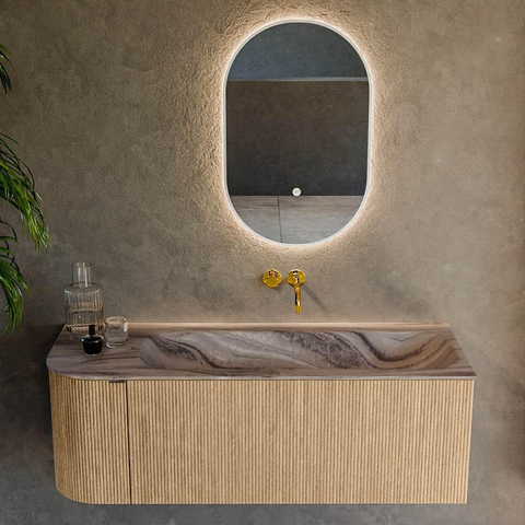 MONDIAZ KURVE-DLUX 125cm badmeubel ronding Links kleur Oak met 1 lade en 1 deur. Wastafel BIG MEDIUM Rechts zonder kraangat Sombra. SW1433573