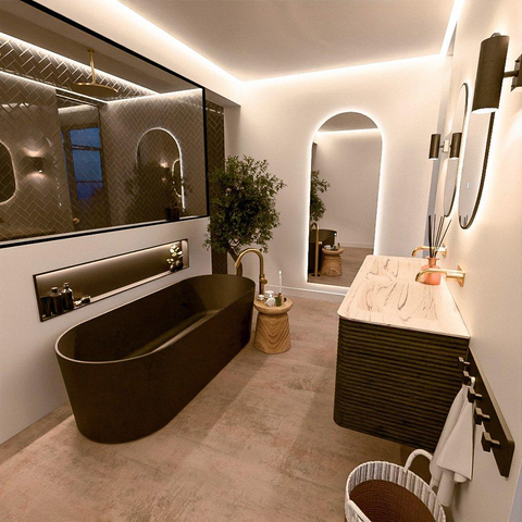 Mondiaz CIRO-DLUX Meuble de salle de bains - 130x45x50cm - Plan vasque en solid surface Nata - 2 vasques double - sans trous de robinetterie - 4 tiroirs - Shadow SW1532625