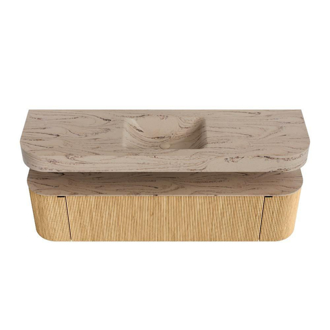MONDIAZ THOR-DLUX 170cm badmeubel ronding links + rechts kleur Oak met 1 lade en 2 deuren. Vrijhangende wastafel CLOUD Midden zonder kraangat kleur Arena. SW1465790
