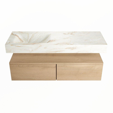Mondiaz ALAN-DLUX Ensemble de meuble - 130cm - meuble Washed Oak mat - 2 tiroirs - Lavabo Cloud Frappe suspendu - vasque Gauche - 1 trou de robinet SW808792