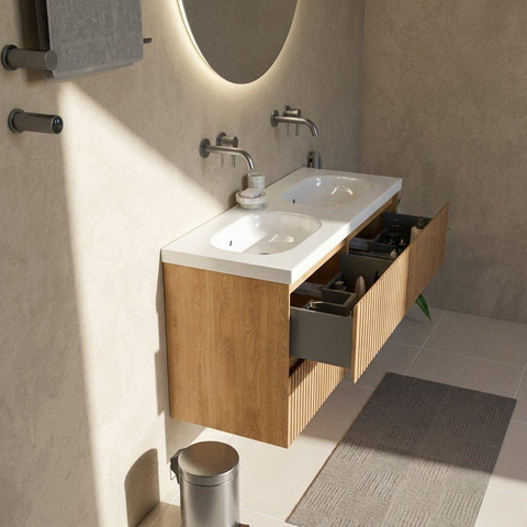 Saniclass Holz Atelier Badkamermeubelset - 120x45x63.5cm - Palermo keramische wastafel wit - 2 wasbakken - zonder kraangaten - 4 lades - mat eiken natural (hout) SW1478629