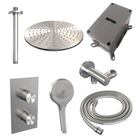 Brauer Brushed Edition Ensemble de douche pluie encastré - pomme de douche 30 cm - 2 fonctions - - inclus élément encastré - douchette ronde 3 jets - inox brossé PVD SW538404