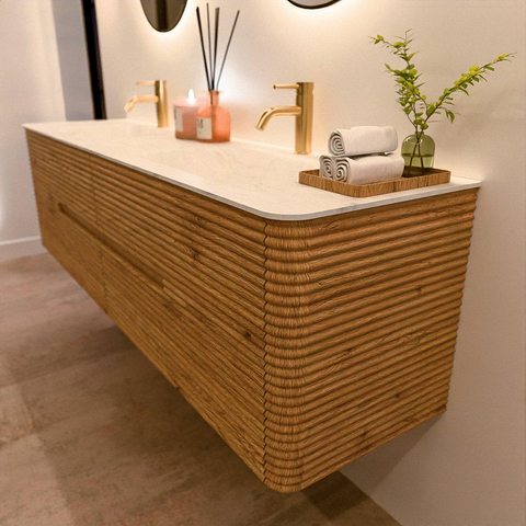 Mondiaz CIRO-DLUX Badkamermeubelset - 180x45x50cm - Solid surface wastafel Opalo - 2 wasbak Dubbel - 2 kraangaten - 4 lades - Oak SW1531062