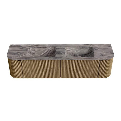 MONDIAZ KURVE-DLUX 180cm badmeubel ronding Links + Rechts kleur Dusk met 2 lades en 2 deuren. Wastafel LEAF Dubbel 2 kraangaten Sombra. SW1433896