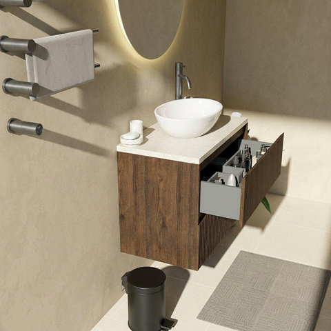 Saniclass Holz Atelier Badkamermeubelset - 80x45x63cm - Travertine natuurstenen topblad - 1 kraangat - 2 lades - mat eiken charcoal (hout) SW1478844