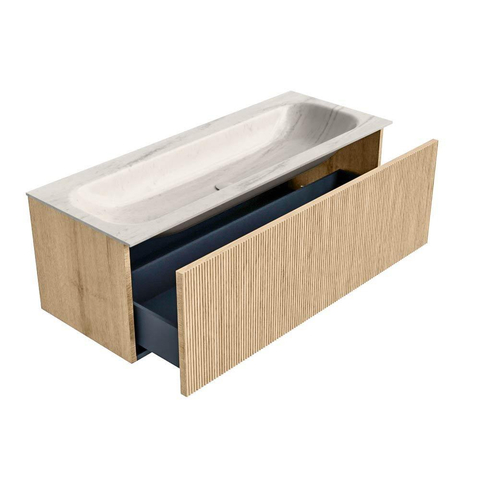 MONDIAZ KURVE-DLUX Meuble de salle de bains 120 cm couleur Oak avec 1 tiroir et 0 porte. Lavabo BIG LARGE Central sans trou de robinet Meli. SW1431608