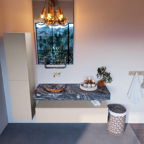 Mondiaz ALAN-DLUX Ensemble de meuble - 130cm - meuble Linen mat - 1 tiroir - Lavabo Cloud Lava suspendu - vasque Gauche - 0 trous de robinet SW808127