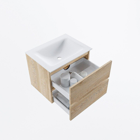 MONDIAZ VICA 60cm meuble sous lavabo Chêne blanchi 2 tiroirs. Lavabo CLOUD centre 1 trou de robinet, couleur Talc. SW1381808
