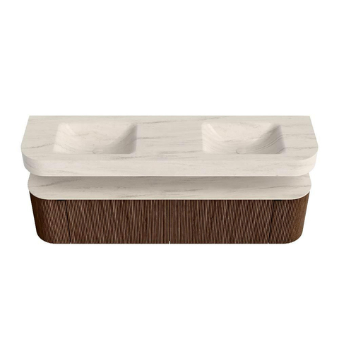 MONDIAZ THOR-DLUX 180cm meuble de salle de bains arrondi gauche + droite couleur Walnut avec 2 tiroirs et 2 portes. Vasque suspendue CLOUD Double sans trou de robinet couleur Meli. SW1466158