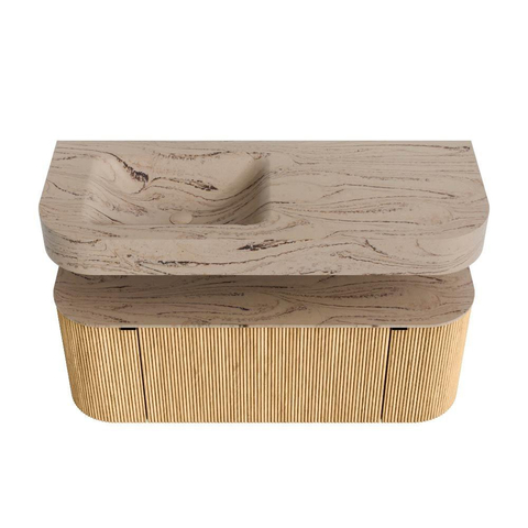 MONDIAZ THOR-DLUX Meuble de salle de bains 120cm arrondi gauche + droite couleur Oak avec 1 tiroir et 2 portes. Vasque suspendue CLOUD Gauche 1 trou de robinet couleur Arena. SW1463400