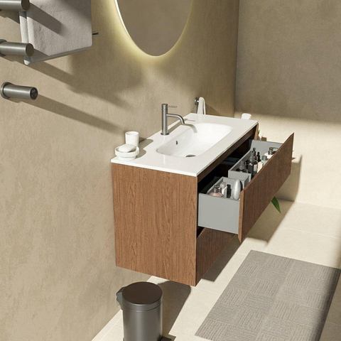 Saniclass Holz Atelier Ensemble meuble de salle de bains - 100x45x73.9cm - lavabo en céramique Chaci blanc - 1 vasque - 1 trou de robinet - 2 tiroirs - noyer pure mat (bois) SW1478813