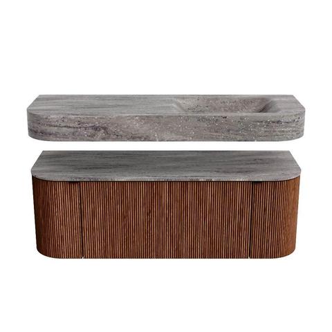 MONDIAZ THOR-DLUX 130cm meuble de salle de bains arrondi gauche + droite couleur Ruby avec 1 tiroir et 2 portes. Vasque suspendue CLOUD droite sans trou de robinet couleur Oza. SW1464009