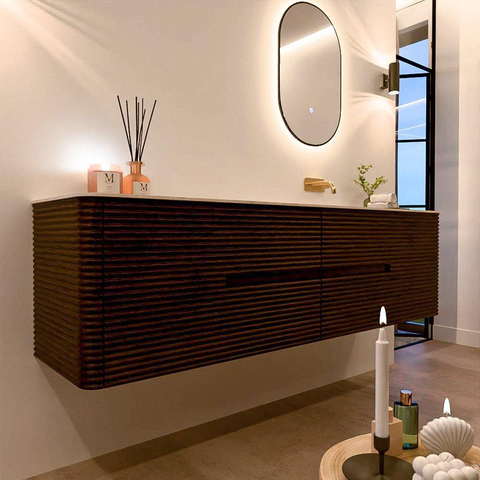Mondiaz CIRO-DLUX Meuble de salle de bains - 180x45x50cm - Plan vasque solid surface Meli - 1 vasque à droite - sans trous de robinetterie - 4 tiroirs - Noyer SW1530539