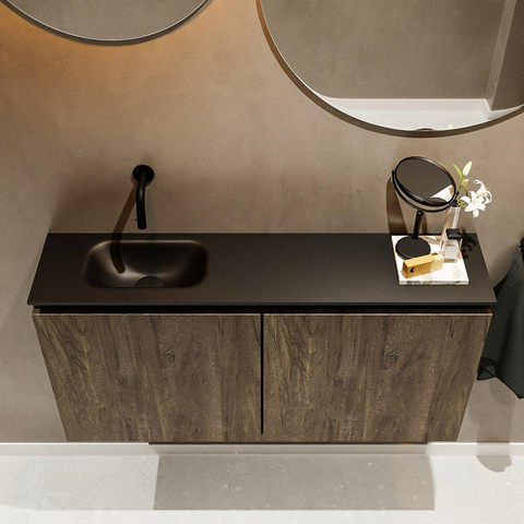 MONDIAZ TURE Fonteinset - 100x23x50cm - 0 kraangaten - 2 deuren - dark brown mat - Wasbak links - Solid Surface Zwart SW475549