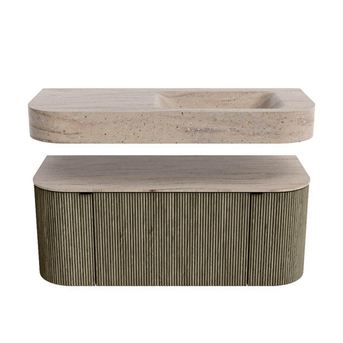 MONDIAZ THOR-DLUX 110cm meuble de salle de bains arrondi gauche + droite couleur Shadow avec 1 tiroir et 2 portes. Vasque suspendue CLOUD Droite 1 trou de robinet couleur Saba. SW1463012