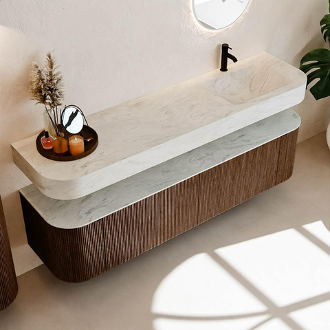 MONDIAZ THOR-DLUX 180cm meuble de salle de bains arrondi gauche + droite couleur Walnut avec 2 tiroirs et 2 portes. Vasque suspendue CLOUD Droite 1 trou de robinet couleur Opalo. SW1465963