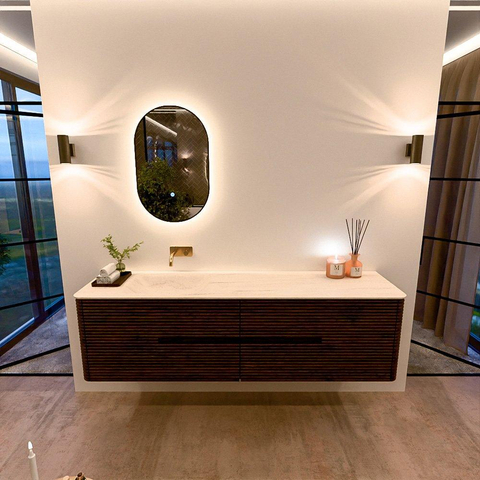 Mondiaz CIRO-DLUX Meuble de salle de bains - 180x45x50cm - Plan vasque Solid surface Meli - 1 vasque à gauche - sans perçages pour robinet - 4 tiroirs - Noyer SW1530536