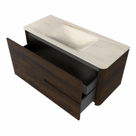 Mondiaz CIRO-DLUX Ensemble de meubles de salle de bains - 110x45x50cm - lavabo solid surface Meli - 1 vasque centrale - sans trous de robinet - 2 tiroirs - Noyer SW1530469