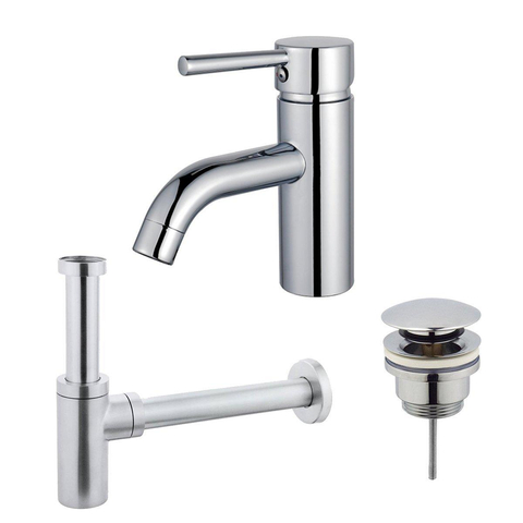 FortiFura Calvi Kit mitigeur lavabo - robinet bas - bonde clic clac - siphon design - Chrome brillant SW915256
