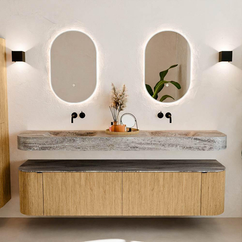MONDIAZ THOR-DLUX Meuble de salle de bains - 190cm - arrondi gauche + droite - couleur Oak - 2 tiroirs et 2 portes - Vasque suspendue CLOUD Double sans trou de robinet - couleur Oza SW1466787
