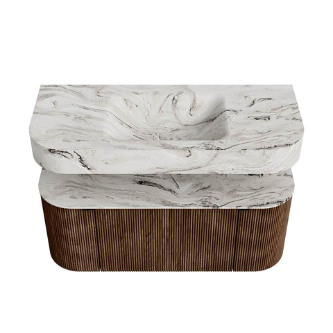 MONDIAZ THOR-DLUX 110cm badmeubel ronding links + rechts kleur Walnut met 1 lade en 2 deuren. Vrijhangende wastafel CLOUD Midden zonder kraangat kleur Glace. SW1462783