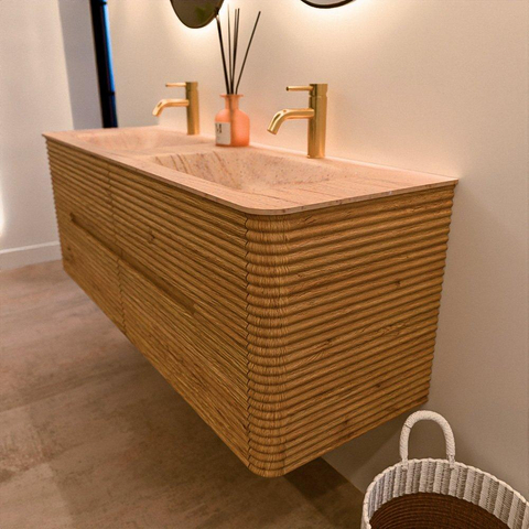 Mondiaz CIRO-DLUX Badkamermeubelset - 140x45x50cm - Solid surface wastafel Saba - 2 wasbak Dubbel - 2 kraangaten - 4 lades - Oak SW1531201