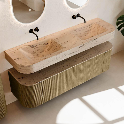 MONDIAZ THOR-DLUX 160cm meuble de salle de bains arrondi gauche + droite couleur Dusk avec 1 tiroir et 2 portes. Vasque suspendue CLOUD Double sans trou de robinet couleur Arena. SW1465119