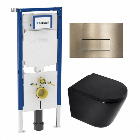QeramiQ Dely Toiletset - 36.3x51.7cm - diepspoel - rimless - Geberit UP720 inbouwreservoir - softclose toilet zitting - 35mm - geborsteld messing bedieningsplaat - rechthoekige knoppen - mat zwart SW1427987