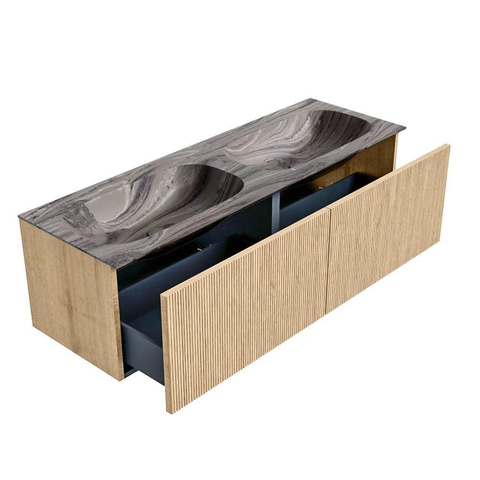 MONDIAZ KURVE-DLUX Meuble de salle de bains 140 cm couleur chêne avec 2 tiroirs et 0 porte. Lavabo STOR SMALL Double sans trou de robinet Sombra. SW1433602