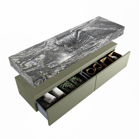 Mondiaz ALAN-DLUX Ensemble de meuble - 150cm - meuble Army mat - 2 tiroirs - Lavabo Cloud Lava suspendu - vasque Centre - 0 trous de robinet SW808646