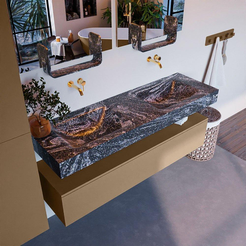 Mondiaz ALAN-DLUX Ensemble de meuble - 150cm - meuble Oro mat - 1 tiroir - Lavabo Cloud Lava suspendu - vasque Gauche et droite - 0 trous de robinet SW808373
