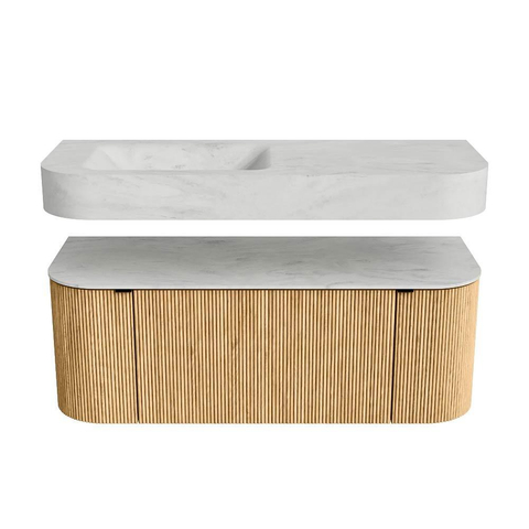 MONDIAZ THOR-DLUX 120cm meuble de salle de bains arrondi gauche + droite couleur Oak avec 1 tiroir et 2 portes. Vasque suspendue CLOUD gauche 1 trou de robinet couleur Opalo. SW1463093
