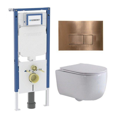 QeramiQ Dely Swirl Toiletset - 36.3x51.7cm - Geberit UP720 Duofix Sigma inbouwreservoir - slim zitting - koperen bedieningsplaat - rechthoekige knoppen - glans wit SW1414002