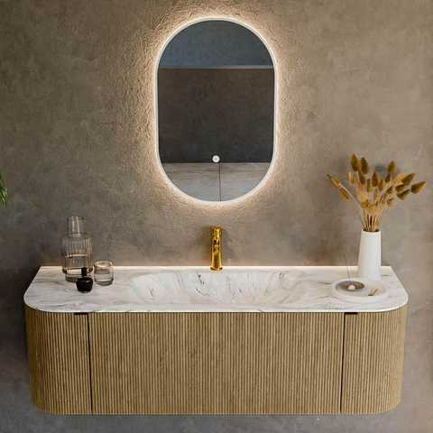 Mondiaz KURVE-DLUX Ensemble de meubles de salle de bains - 140x46x40cm - 1 tiroir - 2 portes - lavabo solid surface - au centre - 1 trou de robinet - Dusk SW1415486