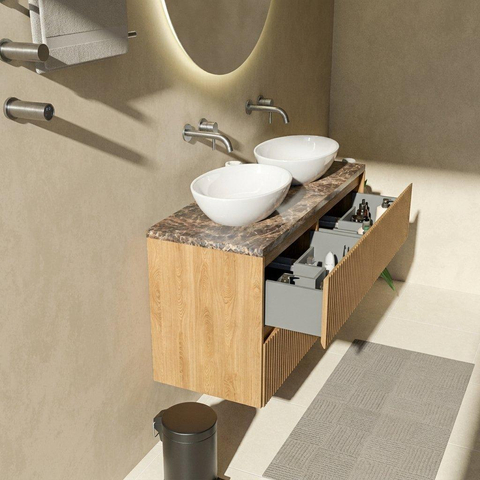 Saniclass Holz Atelier Badkamermeubelset - 120x45x63cm - Noche natuurstenen topblad dark emperador - zonder kraangat - 4 lades - mat eiken natural (hout) SW1478300