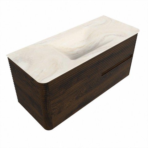 Mondiaz CIRO-DLUX Meuble de salle de bains - 110x45x50cm - Vasque solid surface Ostra - 1 lavabo au milieu - sans trous de robinetterie - 2 tiroirs - Noyer SW1530379