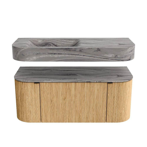 MONDIAZ THOR-DLUX Meuble de salle de bains - 110cm - arrondi gauche + droite - couleur Oak - 1 tiroir - 2 portes - Vasque suspendue CLOUD Gauche sans trou de robinet - couleur Sombra SW1463028