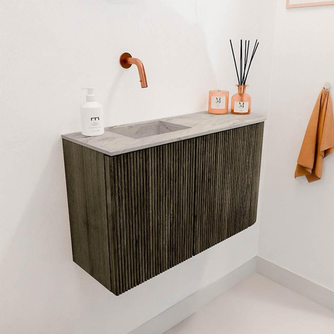 Mondiaz JOYA-DLUX Meuble de salle de bains 71,6cm - arrondi droit couleur Shadow - Vasque FAYE position Gauche Sans trou de robinet couleur Glace. SW1422804