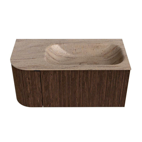MONDIAZ KURVE-DLUX Meuble de salle de bains 95cm arrondi à gauche couleur Walnut avec 1 tiroir et 1 porte. Lavabo BIG SMALL à droite 1 trou de robinet Saba. SW1433150