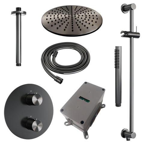 BRAUER Gunmetal Edition ensemble de douche pluie encastré – douche de tête Ø 30 cm – bras de plafond 30 cm – douchette bâton – 3 voies – barre de douche SW1159123