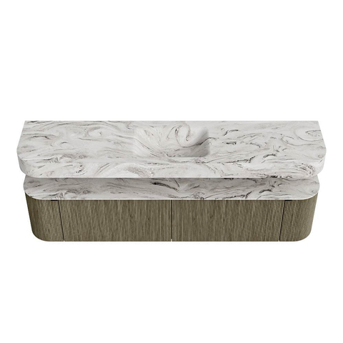 MONDIAZ THOR-DLUX 200cm meuble de salle de bains arrondi gauche + droite couleur Shadow avec 2 tiroirs et 2 portes. Vasque suspendue CLOUD Milieu sans trou de robinet couleur Glace. SW1467034