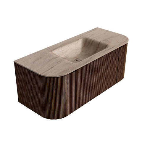 MONDIAZ KURVE-DLUX 110cm badmeubel ronding Links + Rechts kleur Walnut met 1 lade en 2 deuren. Wastafel CLOUD Midden 1 kraangat Saba. SW1433149