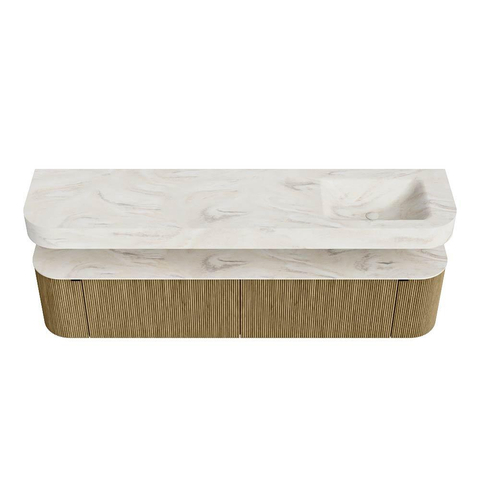 MONDIAZ THOR-DLUX 200cm meuble de salle de bains arrondi gauche + droite couleur Dusk avec 2 tiroirs et 2 portes. Vasque suspendue CLOUD Droite 1 trou de robinet couleur Ostra. SW1466863