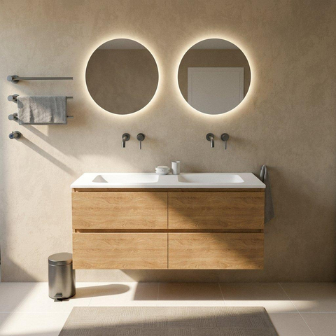 Saniclass Holz Pure Badkamermeubelset - 140x45x77.5cm - Torino solid surface wastafel wit - zonder kraangat - 4 lades - mat eiken natural (hout) SW1478683