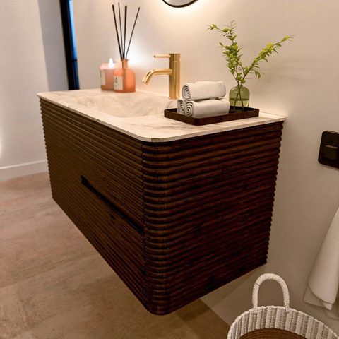 Mondiaz CIRO-DLUX Badkamermeubelset - 100x45x50cm - Solid surface wastafel Frappe - 1 wasbak Midden - 1 kraangat - 2 lades - Walnut SW1530271