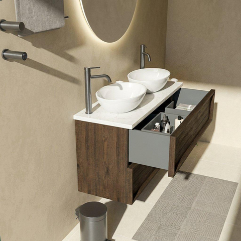 Saniclass Holz Frame Ensemble de meubles de salle de bains - 120x45x63cm - plan vasque en marbre Dia poli (blanc) - 2 trous de robinetterie - 2 tiroirs - chêne charcoal mat (bois) SW1579967