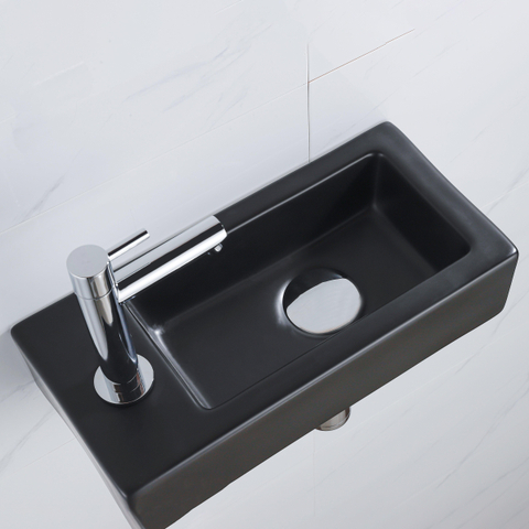 QeramiQ Fuente pack lave-mains – 37,5 x 18,5 x 9 cm – céramique noir mat – perçage à gauche – robinet chromé SW1232722